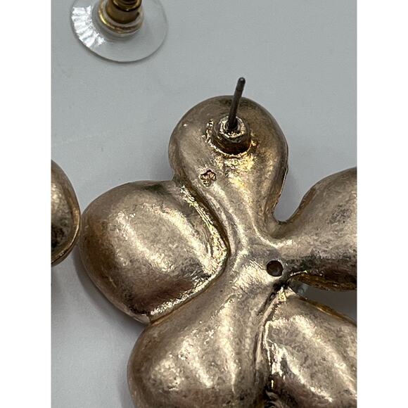 Designer Signed Gold Plated Blossom Flower White Pearl Stud Earrings - Picture 7 of 10